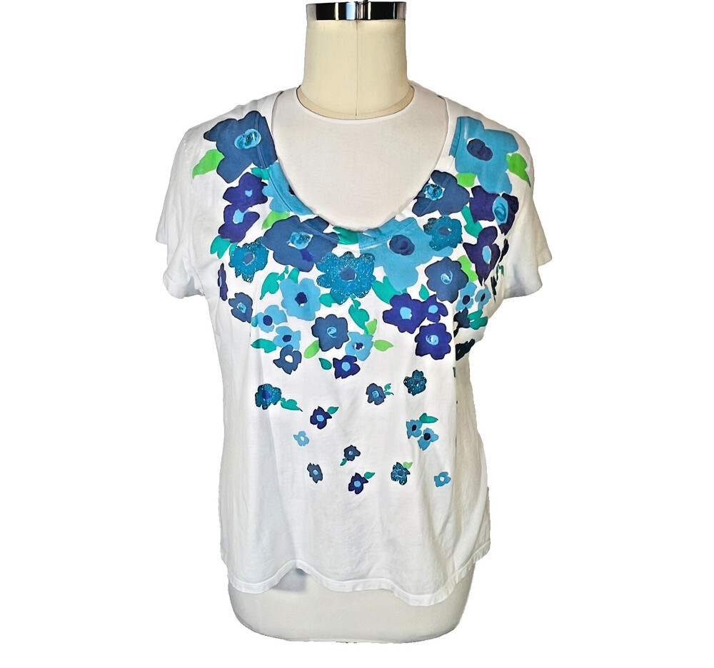 JMS - Women's 3X Tee Shirt V-Neck White Blue Purple Print Short Sleeve Tee Plus